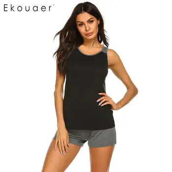 

Ekouaer Women Pajamas Summer Sleepwear Sets O-Neck Sleeveless Contrast Color Vest Tops And Shorts Pajamas Set Homewear Clothes