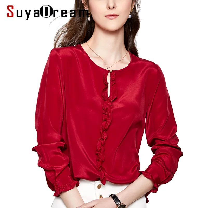 

Women Silk Blouse 100% REAL SILK CREPE Solid Color Blouses for Women O Neck Long Sleeved Shirt 2019 Spring New Blouses Wine
