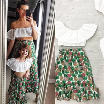 

Two Pieces Suits Family Match Swimwear Mother And Daughter Mum Kid Bikini Bathing Swimsuit Off Shoulder Skirt Cover Up Clothes