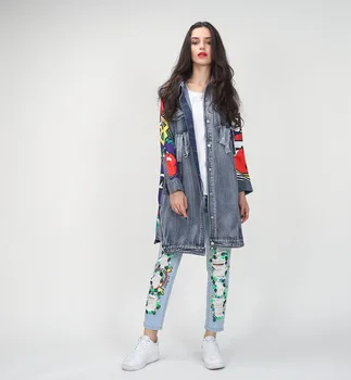 

Fashion 2019 New Spring Summer Women Long Sleeve Blue Coat Turn-Down Collar Character Pattern Printed Loose Size Denim Jacket