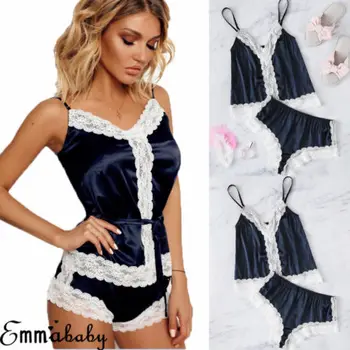 

2PCS Women Sexy Satin Lace Sleepwear Babydoll Lingerie Nightdress Pajamas Set Babydolls