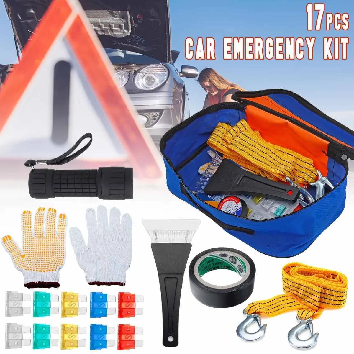 

14/17PCS Car Emergency Kit Vehicle Road Rescue Tool Outdoor Safety Survival Equipment Set Triangle Warning For Traffic Accident