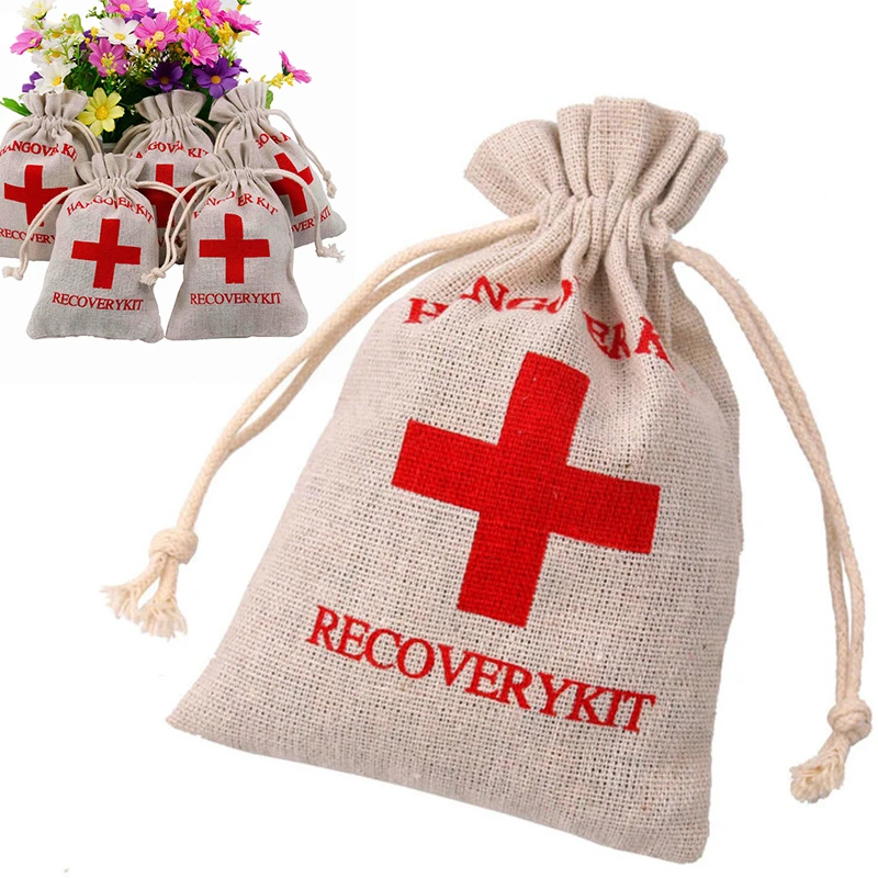 

2019 new 10PCS Hangover Recovery Kit Hen Party Favors Cotton Linen First Aid Rustic Bag