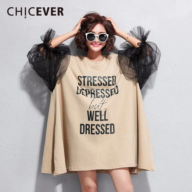 

CHICEVER 2019 Spring Letter Women Dress Patchwork Lantern Sleeve Loose Big Size O neck Dresses Female Clothes Fashion Casual New