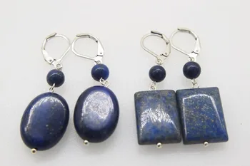 

one pair BLUE LAPIS flat/oblong hook earrings wholesale beads FPPJ nature 45mm