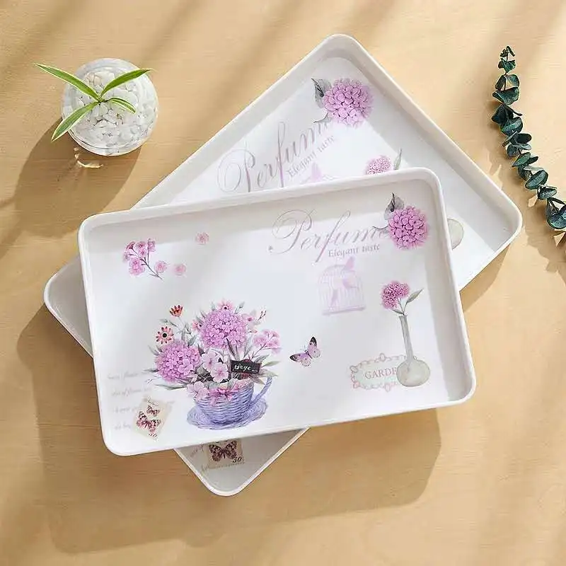 

Plastic Rectangular Simple Bread Breakfast Plate Tea Cup Placement Flower pattern Melamine Tea Plate Cake Fruit Dish Plate