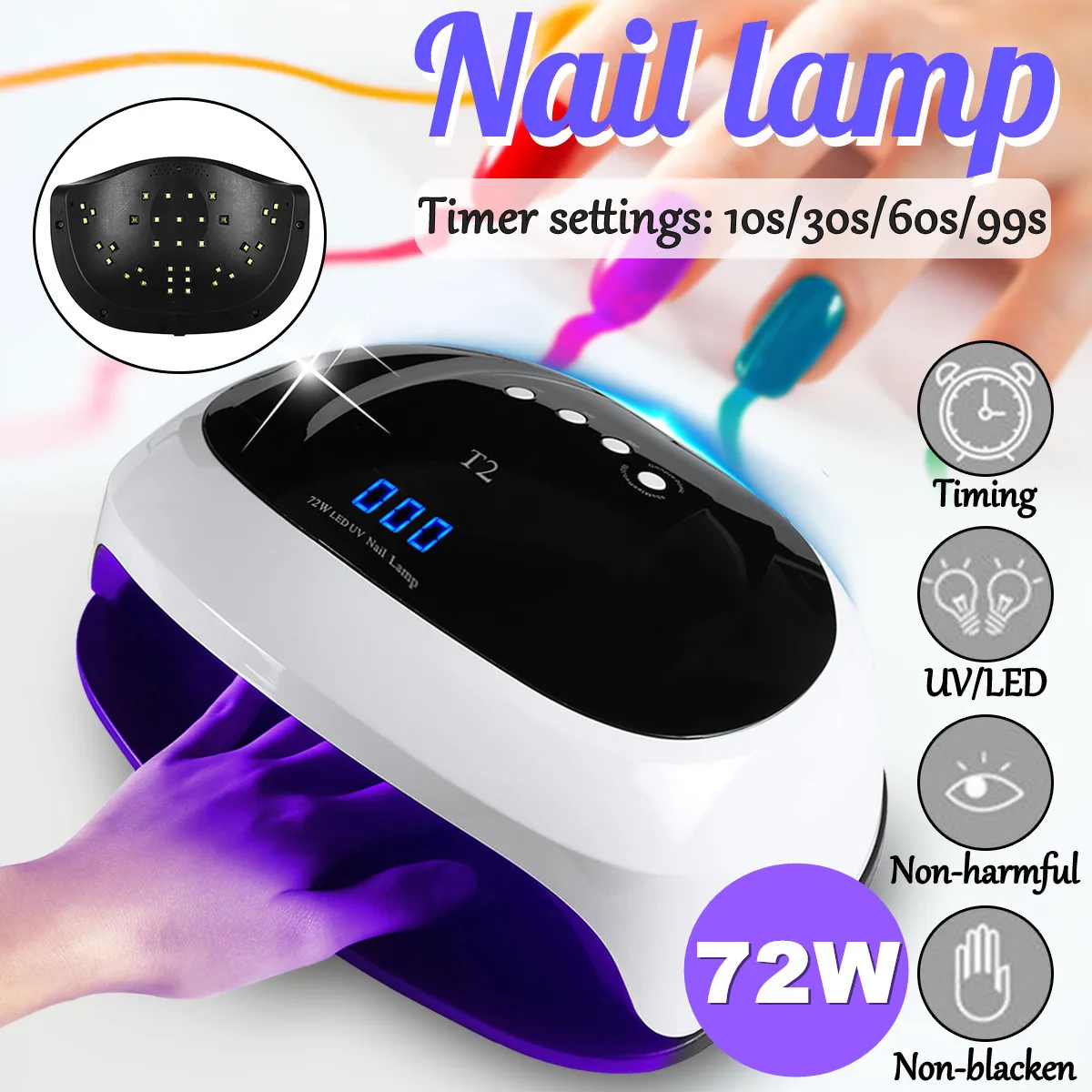 

Professional 72W LED UV Nail Lamp Light Nursing Nail Dryer Gel Polish Machine Kit 4 Timing Settings Temperature protect Home Use