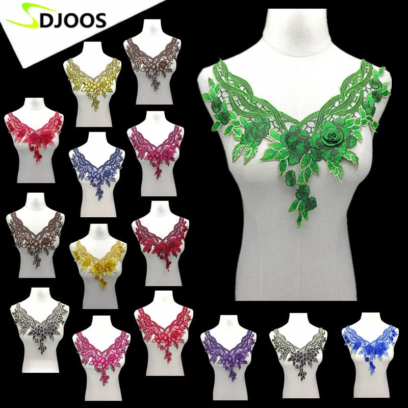 

3d Beautiful Flowers Embroidery Lace Fabric Material Applique Venise Neckline Collar Lace Fabric For Handicrafts Of All Kinds