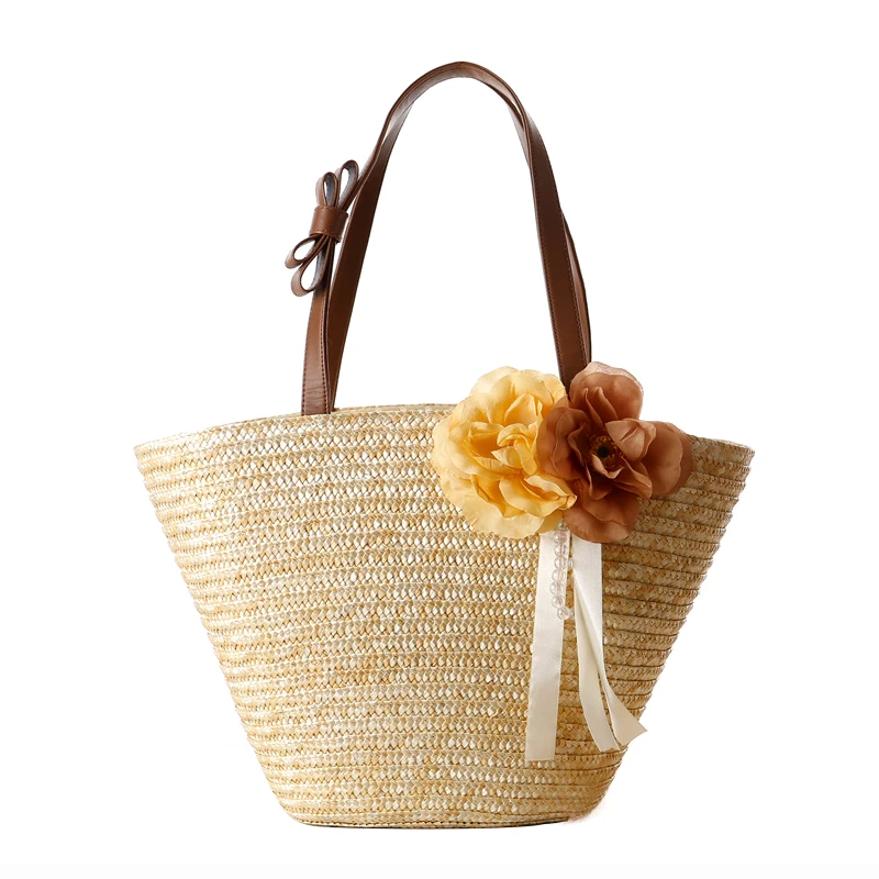 

Large Capacity Women Summer Wheat Straw Handbags Pastoral Style Beach Bag with 2 Flowers Beige Ladies Handbag Casual Tote Female