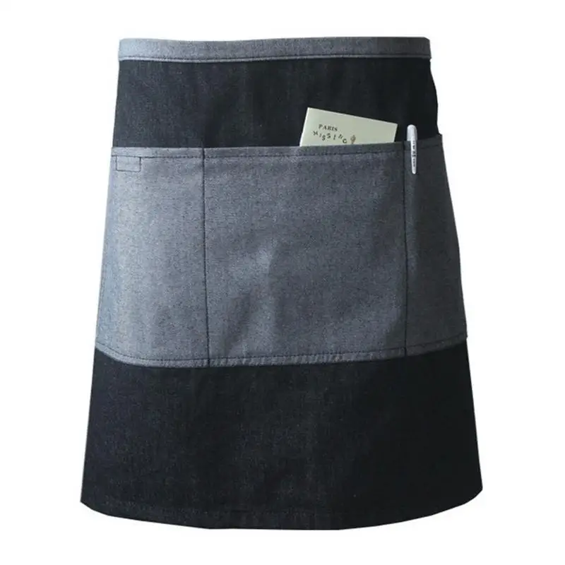 

High Quality Apron Piecing Large Pocket Denim Short Apron Cooking Chef Kitchen Restaurant Barista Half Length Unisex Apron
