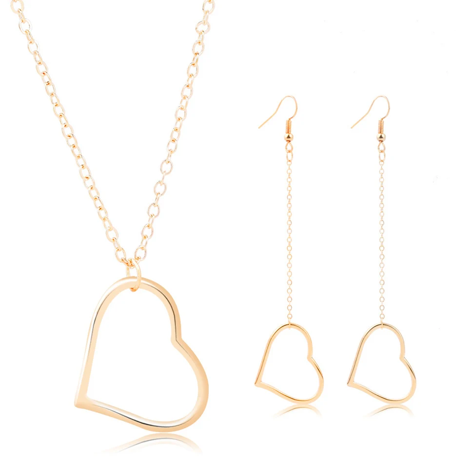 

2019 New Heart Cute Earrings Necklace Set For Women Female Romantic Women Jewelry Chain Pendant Necklace And Drop Earrings