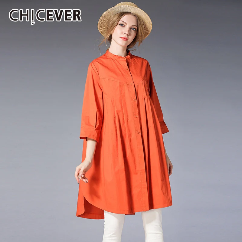 

CHICEVER Side Split Long Women's Shirt Stand Collar Three Quarter Batwing Sleeve Feminine Blouse Irregualr Loose 2019 Fashion
