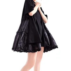 Image 2 - [EAM] 2020 New Spring Summer Round Neck Half Sleeve Black Loose Big Size Ruffles Pleated Stitch Dress Women Fashion Tide JS791