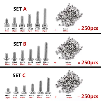 

250Pcs M4 A2 Stainless Steel Hex Socket Screws Bolt W/ Hex Nut & Bolt Assortment Kit Woodworking Repair Tool flat head tornillos