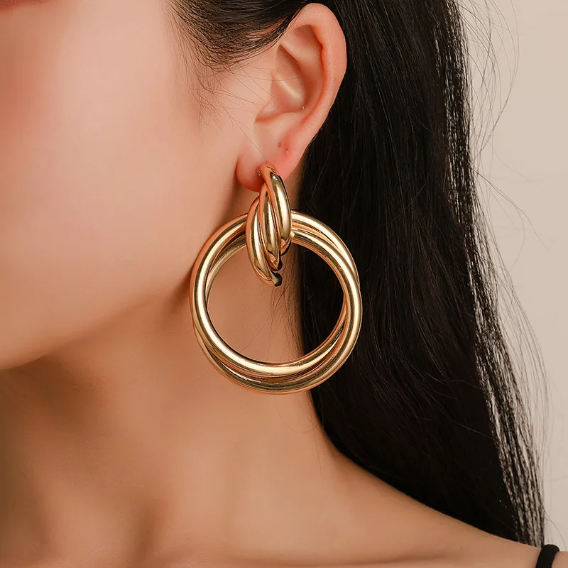 

New Trendy Simple Personality Geometric Twisted Irregular Round Circle Metal Gold Big Earrings for Women Girl