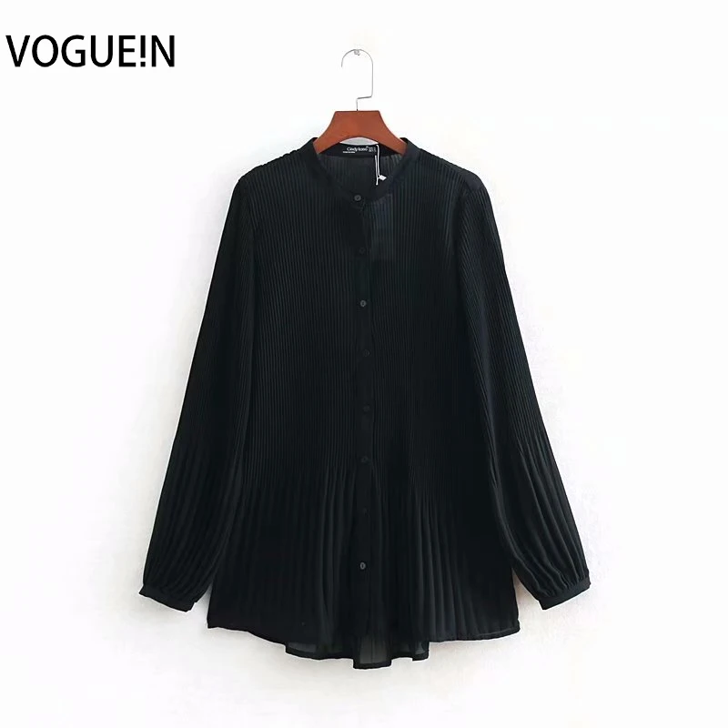 

VOGUEIN New Womens Summer Long Sleeve Pleated Chiffon Black Long Shirt Top Blouse Wholesale