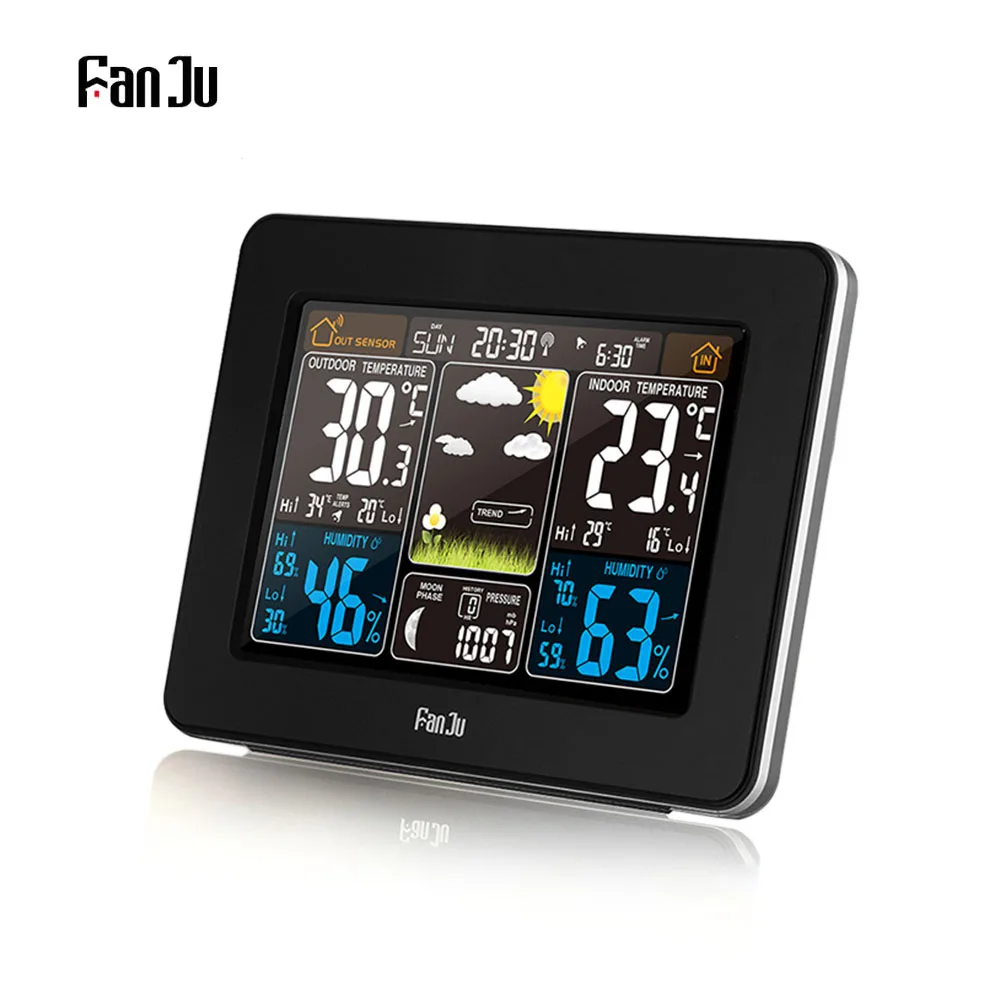 

FanJu FJ3365 EU/US Plug Weather Station Multi-function Digital Clock Temperature Humidity Moon Phase Desk Table LCD Alarm Clock