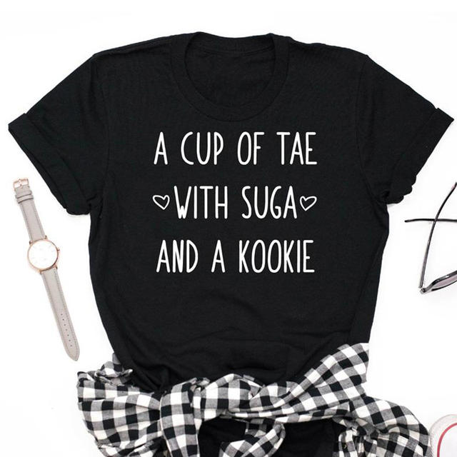 A CUP OF TAE WITH SUGA AND A KOOKIE T-SHIRT