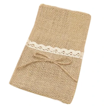 

10Pcs/Lot Knife Cover Holder Vintage Decoration Wedding Festival Packaging Fork Pocket Bag Lace Jute Burlap
