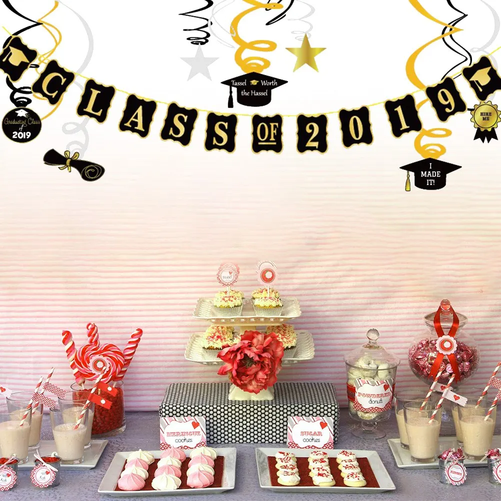 

Graduation Season Dangling Spiral Ornaments Congrats & CLASS OF 2019 Banner Hanging Swirl Decoration for Graduation Party