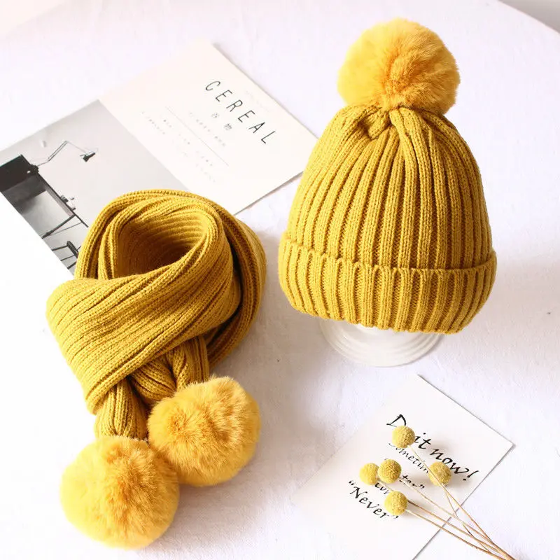

2pcs Winter Keep Warm Cap&Scarf Sets Unisex Girls Boys Kids Pure Lovely Knitted Scarf Hat Crochet Knit Hats Fluffy Ball Scarf
