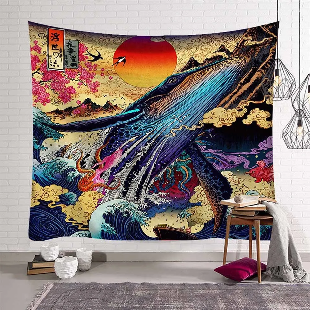 

Psychedelic Ukiyo-e Picture Tapestry Wall Hanging Farmhouse Decor Colorful Fish Wall Tapestry Thin Beachtowel 230x180cm