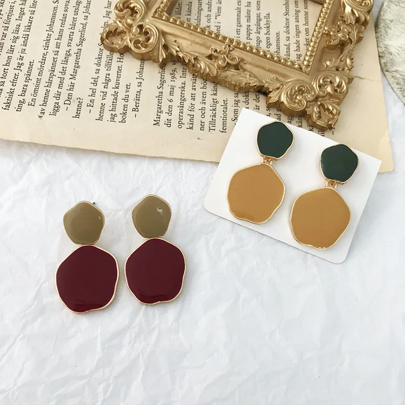 

2019 New Design Hit Color Enamel Irregular Geometric Abstract Oval Waterdrop Long Drop Earrings for Women Girl