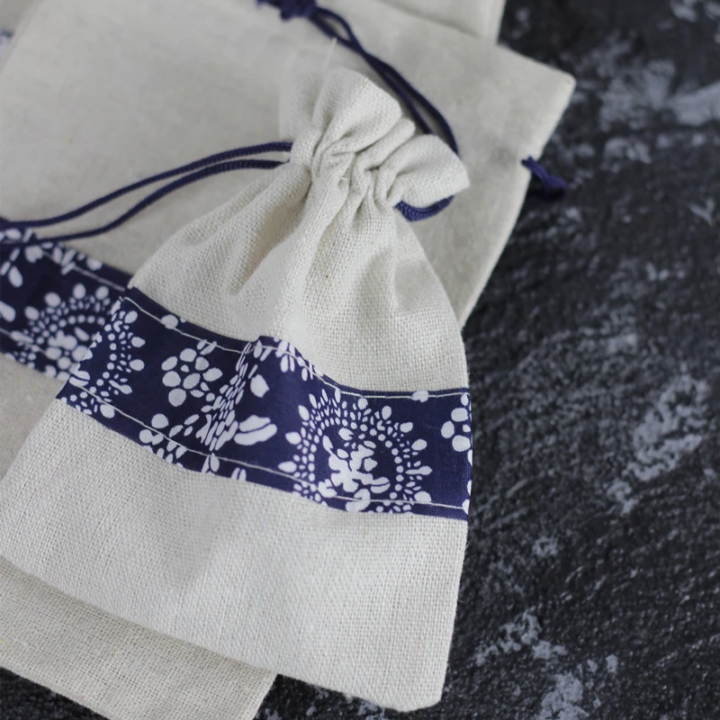 

Linen Chinablue Flower Midsewing Gift Bags Birthday Wedding Party Jewelry Packaging Rope Pouch Party Gifts Bags Candy Box
