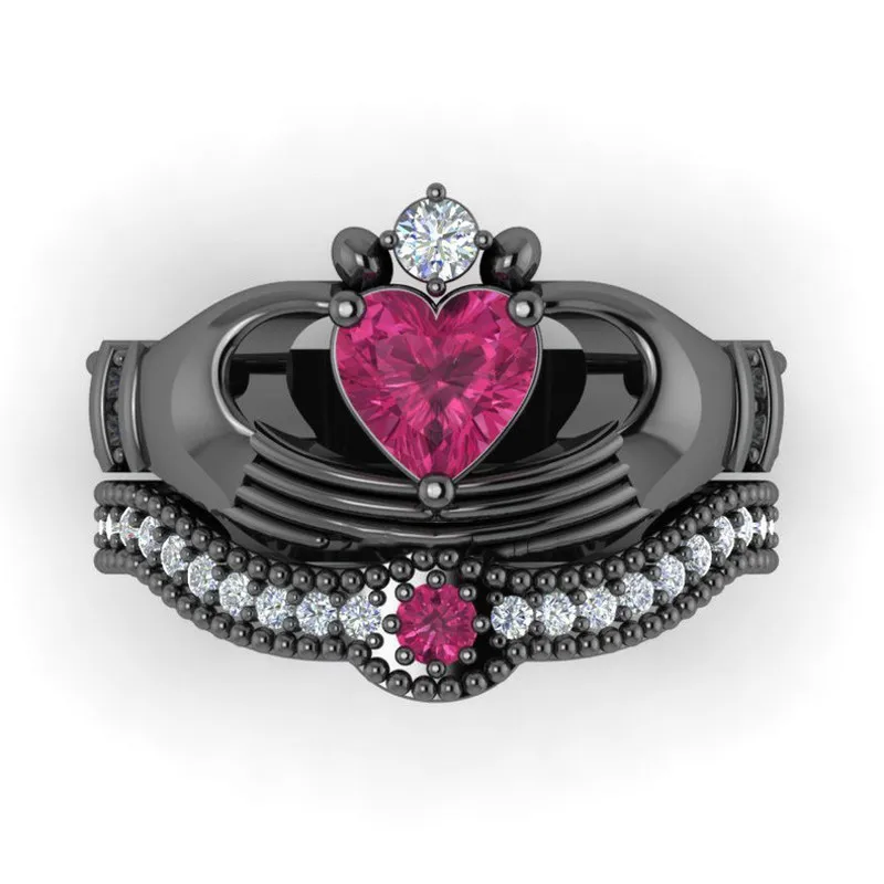 

Huitan 2PC Black Bridal Ring Set with Love Heart Shape CZ Wedding Anniversary Enagagement Rings for Women Best Valentines Gift