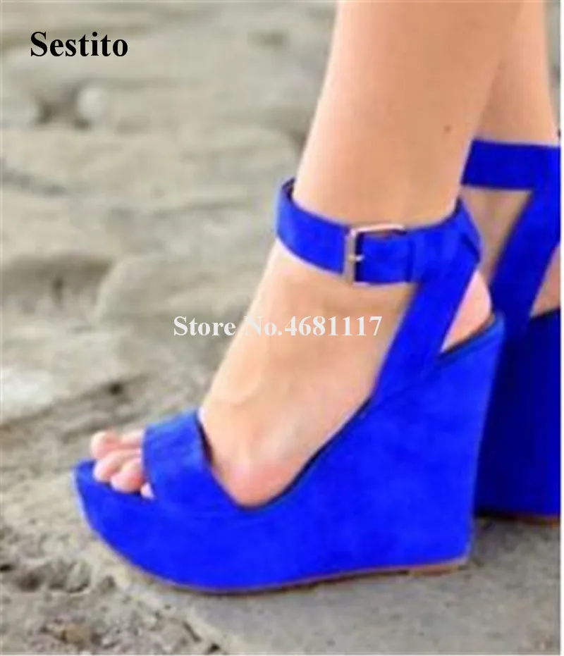 

Girls Summer New Fashion Suede Leather High Platform Wedge Sandals Blue Ankle Strap Height Increased Wedge Sandals