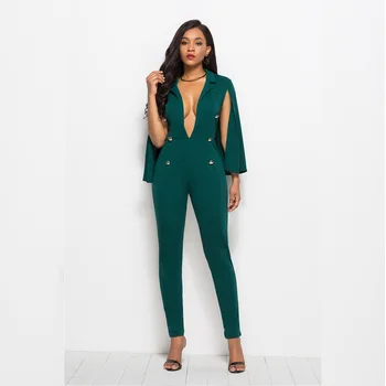 

Black Highstreet Office Lady Plunging Neck Cloak Sleeve Modern Sexy Maxi Tapered Jumpsuit Autumn Women Workwear Jumpsuits S-XXXL