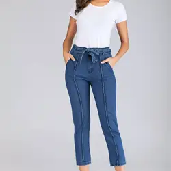 Новое поступление для женщин Кнопка Карман Джинсовые штаны кружево до демисезонный повседневное Высокая талия синие брюки