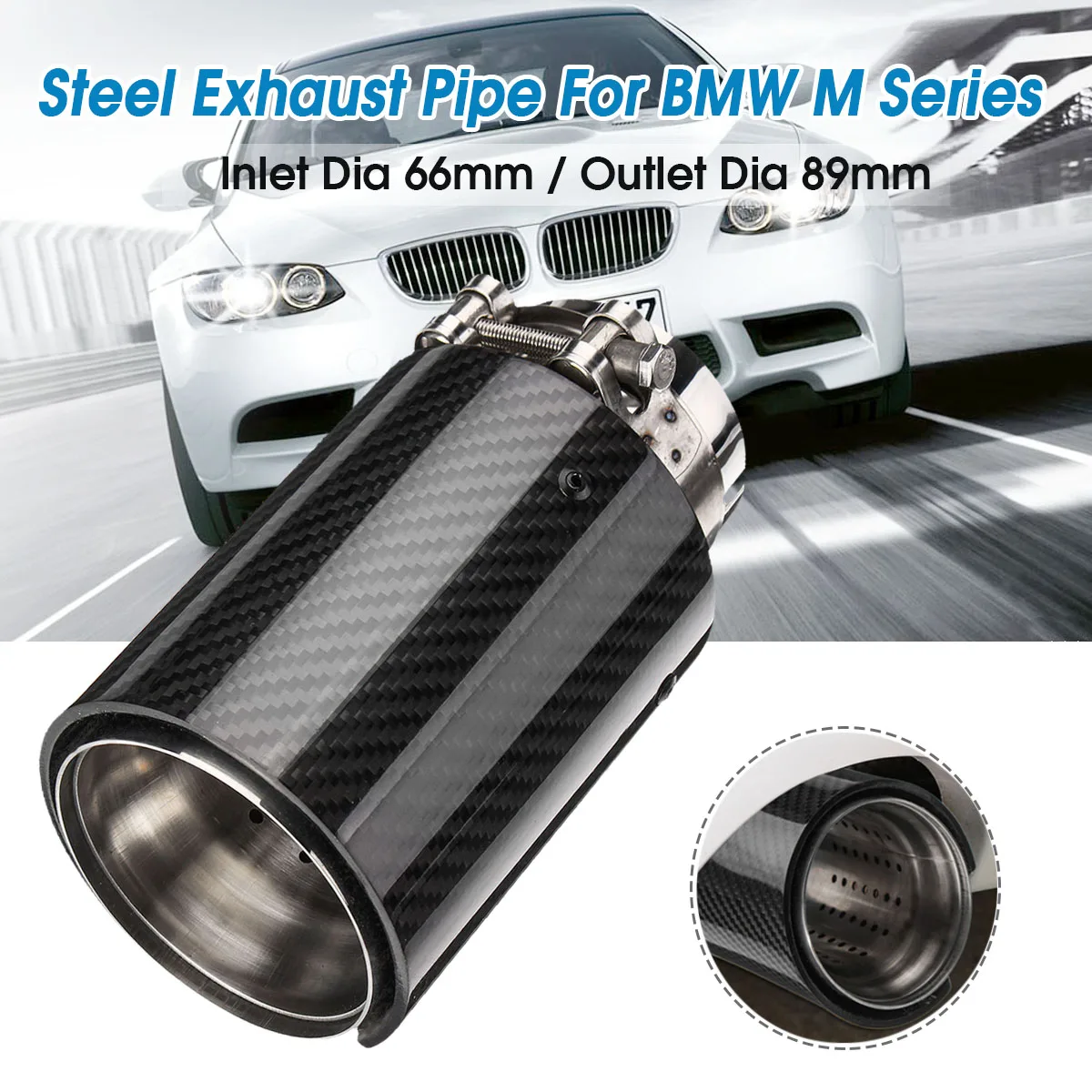 

66mm-89mm Universal Car Glossy Carbon Fiber Rear Exhaust Muffler Pipes For BMW M Series Stainless Steel Exhaust Pipe 165mm
