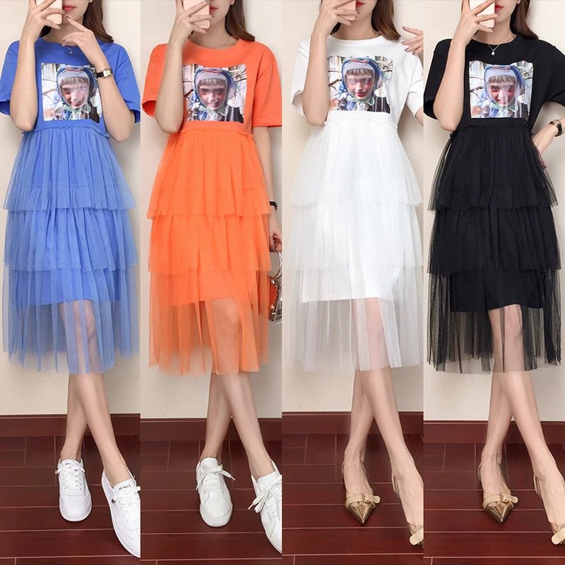 

2019 Summer Women Draped Ruffles T Shirt Dress Korean Short Sleeve Streetwear Print Mesh Patchwork Midi Dresses Tulle Robe Femme