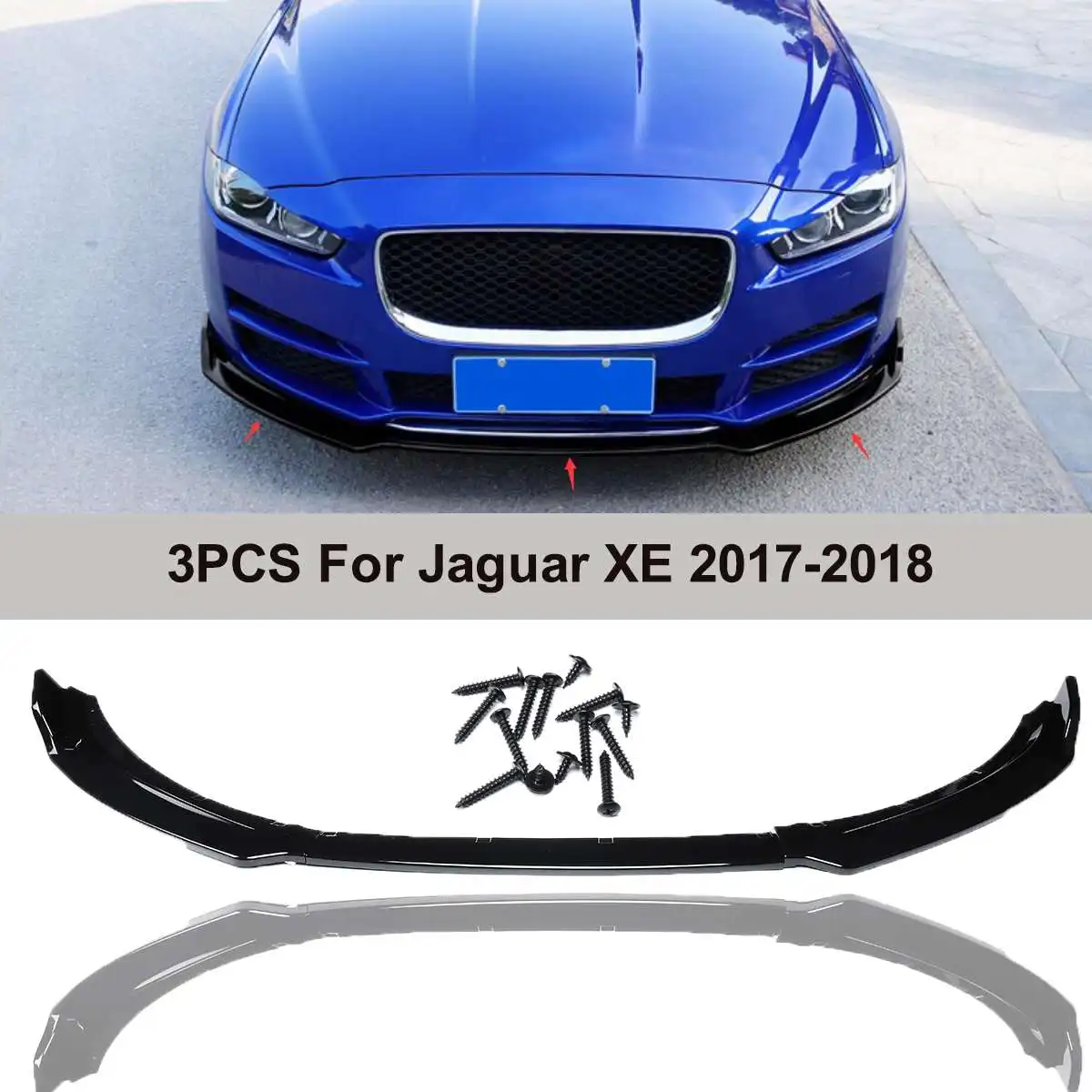 Parachoques delantero del coche negro brillante para Jaguar XE 2017-2018 Exterior de piezas de repuesto parachoques delantero borde de la cubierta del labio