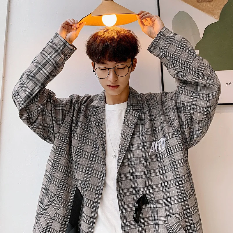 

2019Spring And Autumn Style Hong Kong Style Embroidery Rope Casual Plaid Jacket Loose Student Tide Jacket Khaki / Dark Gray S-XL