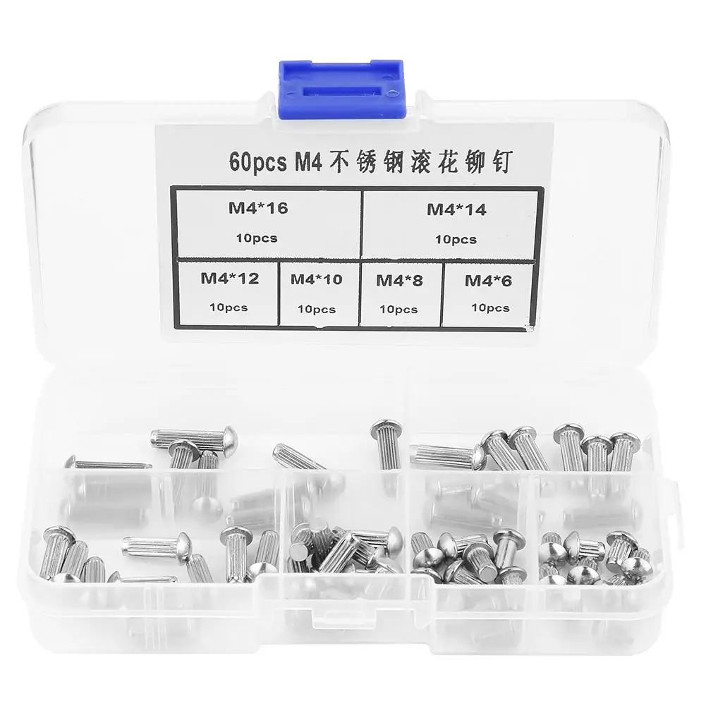 

60pcs M4 Stainless Steel Round Head Knurled Shank Solid Rivets Assortment Set Rivet