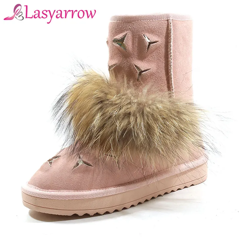 

Lasyarrow Fur Boots Blended Wool Inside Winter Boots Flat Platform Heels Sweet Comfortable Slip On Mid Calf Snow Boots Size 43