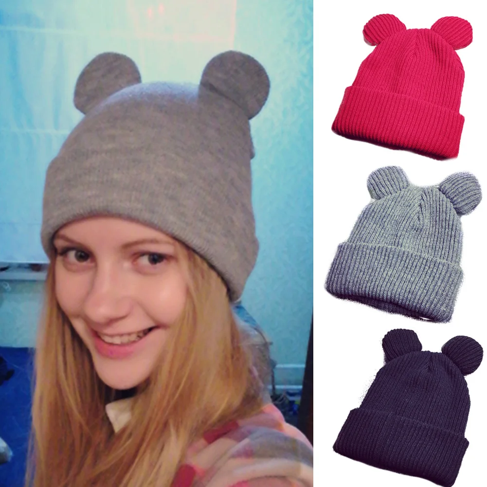 2018 New Cute Cat Ears Knitted Hat for Girls Beanies Cap Fashion Warm