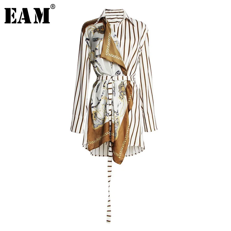 

[EAM] 2019 New Autumn Winter Lapel Long Sleeve Striped Pattern Printed Irregular Stitch Loose Shirt Women Blouse Fashion JS565