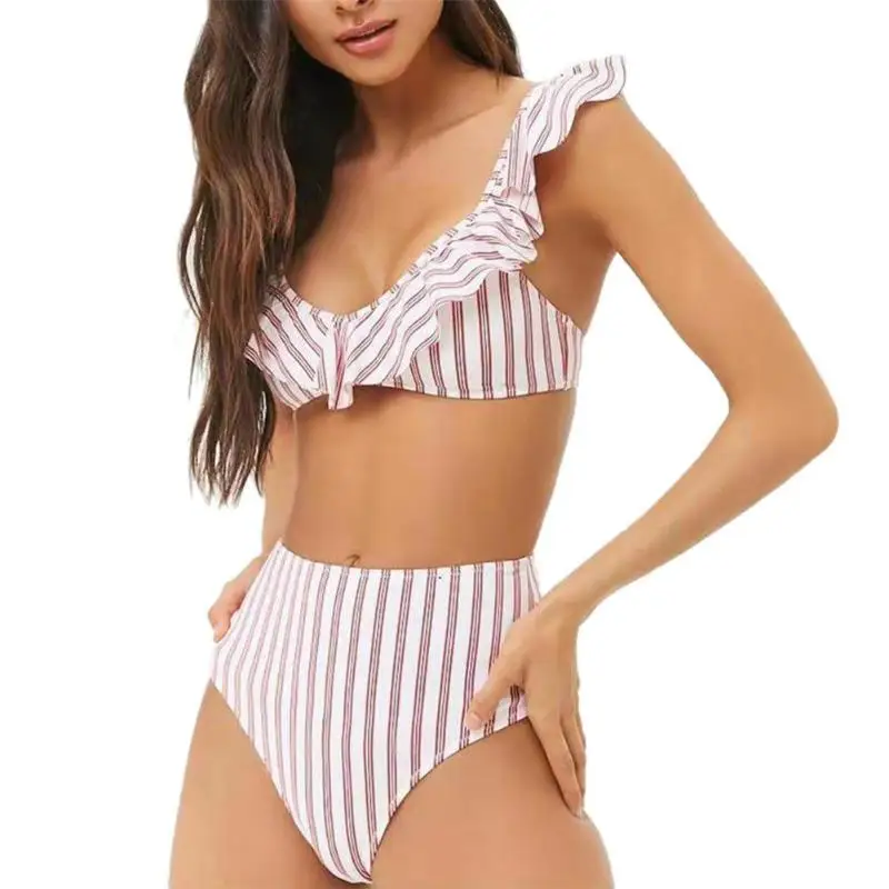 Two Piece Swimsuit Women Sexy Padded Ruffles Push Up Striped Bikini Set