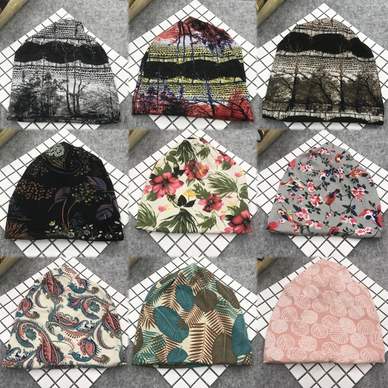 

Floral Cotton Multifunction Casual Polyester Adult Christmas Gifts Elastic 1PC Spring Autumn Two Used Female Cap Scarf