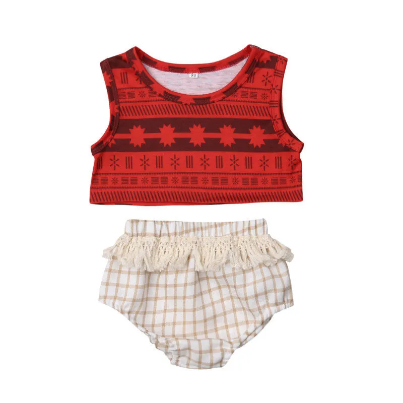 Мода новорожденных летняя одежда из хлопка комплекты для маленьких девочек без рукавов укороченный Майки клетчатые шорты с кисточками 2