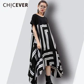 

CHCIEVER 2020 Spring Asymmetrical Dress Female Patchwork Striped Chiffon Short Sleeve Asymmetry Dresses Big Size Clothes Fashion