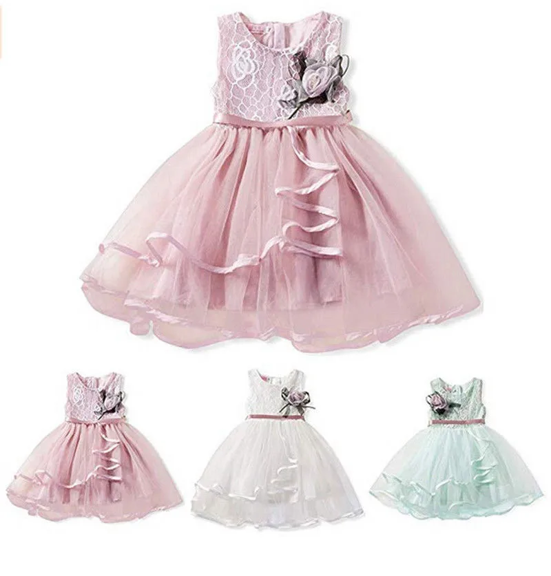 

Cute Princess Kids Baby Girl Rose Flower Dress Sleeveless Ribbon Belt Dress Pageant Lace Mesh Tutu Dress Green Pink White 6M-5Y