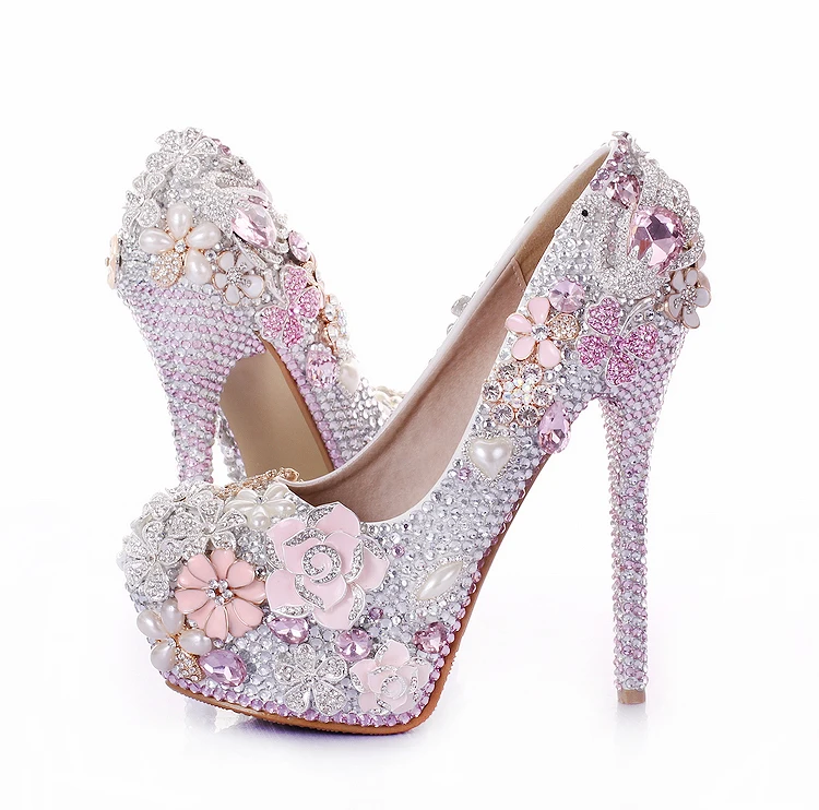 

Wedding Shoes Women High Heel From China Bride Pumps Round Toe Metal Flowers Crystal Shoes Waterproof Applique Size 12 Blossom