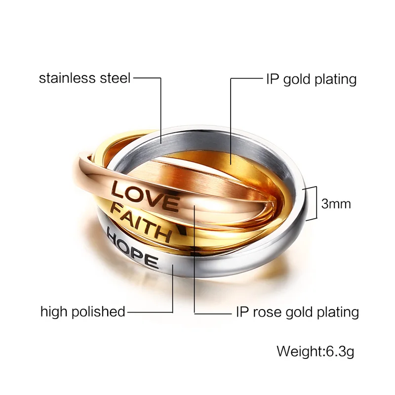 Красивые женские кольца 3 мм из нержавеющей стали три цвета тройное переплетенное кольцо обручальное кольцо лазерная любовь надеюсь религиозные украшения