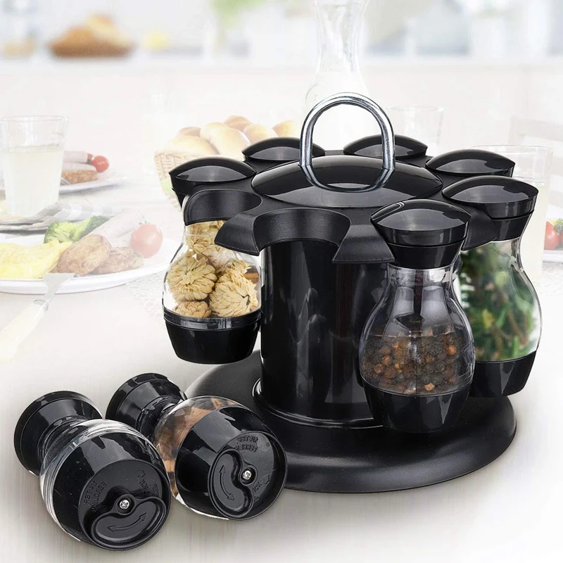 

Salt And Pepper Shakers Set Of 8 Bottles With 360°Rotating Holder - Salt & Pepper Shaker Set | Oil And Vinegar Dispenser Set |