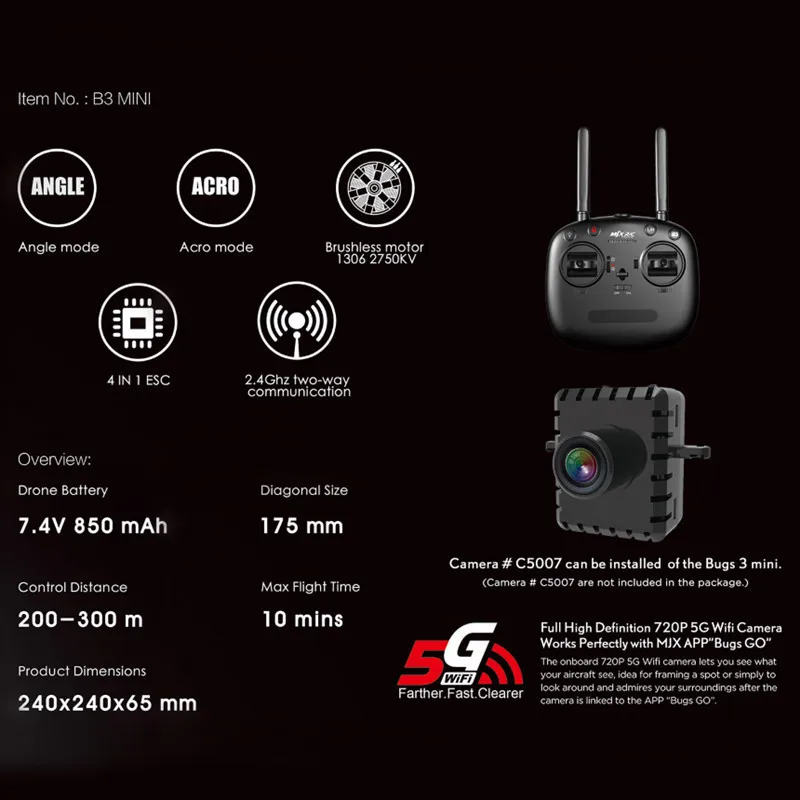 MJX B3 Bugs 3 Mini RC Drone Quadcopter Brushless With 1306 2750KV Motor 7.4V 850mAh 45C Battery VS Bugs 3 Drone Helicopter Toy MJX B3 Bugs 3 Mini RC Drone Quadcopter Brushless With 1306 2750KV Motor 7.4V 850mAh 45C Battery VS Bugs 3 Drone Helicopter Toy