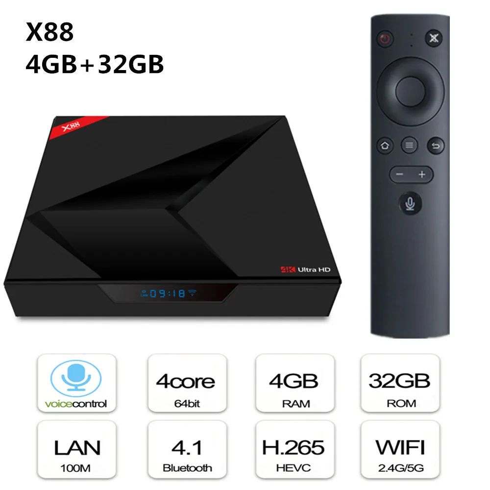 

X88 Android TV Box With Voice Control RK3328 4GB RAM 32GB ROM Android7.1 2.4G + 5G WiFi BT4.1 H.265 Set Top Box Media Player
